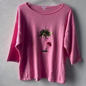 Cabana Cay Flamingo‎ Palm Tree Cotton Sweater Sequins Embroidered Size XL Pink